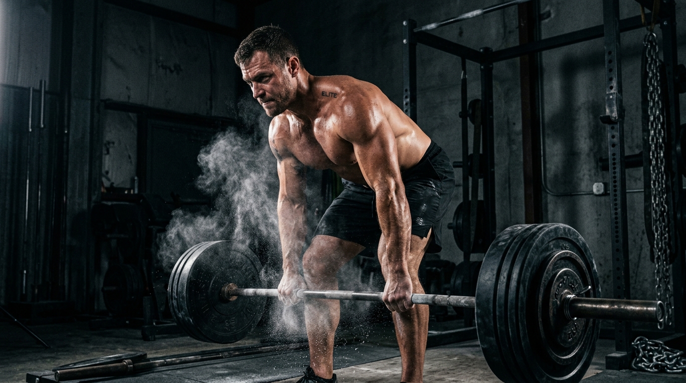 Athlete deadlifting heavy iron barbell with chalk in industrial gym